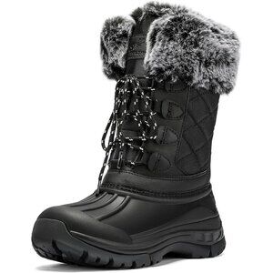 Women's Black Waterproof Winter Boots Warm Fur Lined Anti Slip Mid Calf